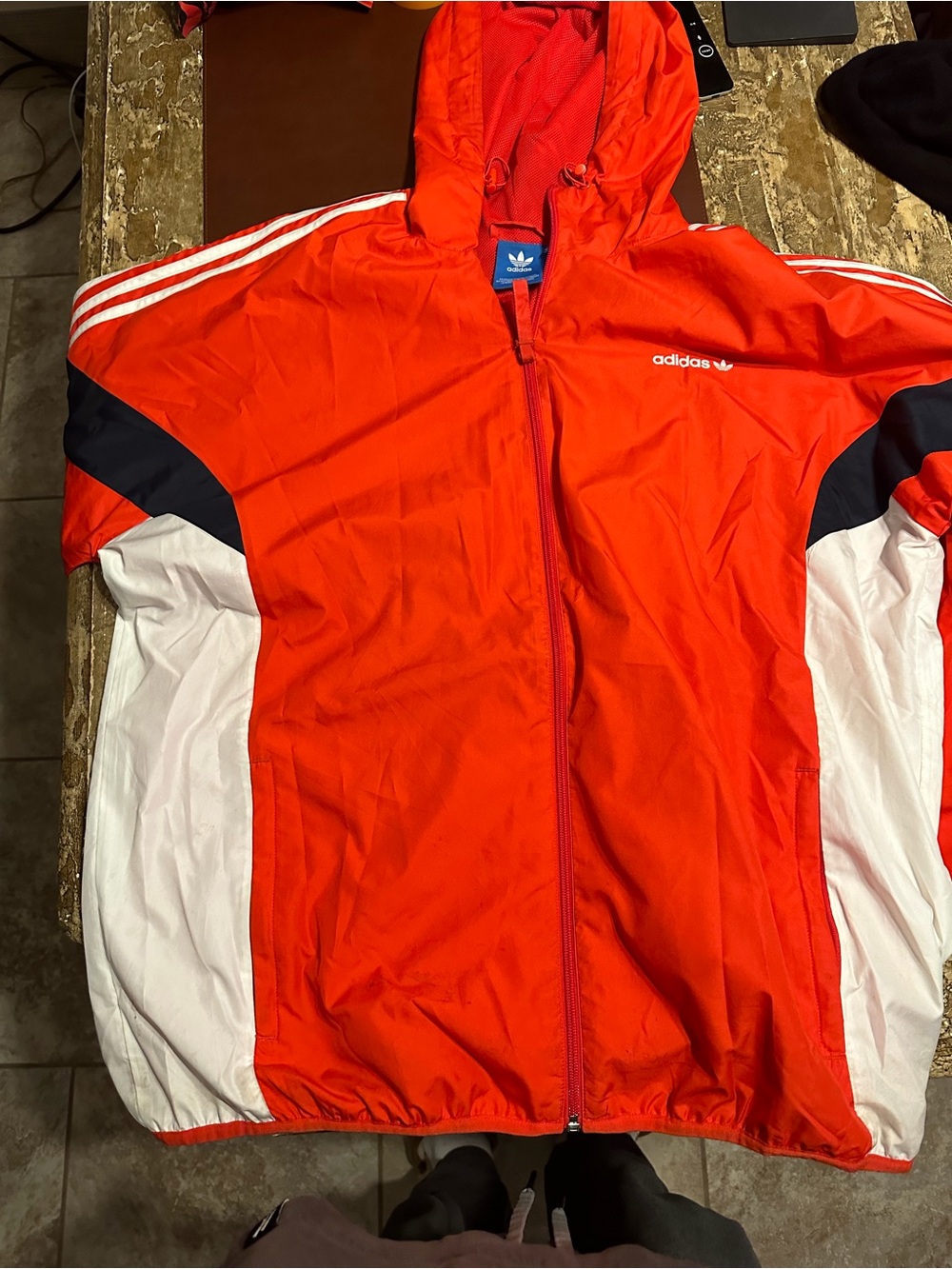 adidas Men’s Red Hooded Windbreaker with White & Navy Panels